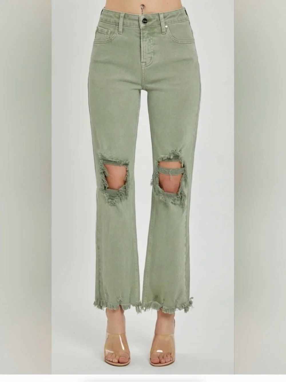 Risen High-Rise Distressed Women’s Jeans - Sage Green Size 3XL (18)